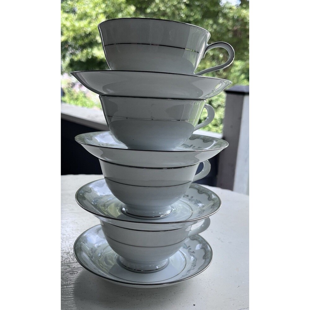 Set of 4 Vintage Noritake 6243 Margaret Tea Cup & Saucer Japan Silver Trim